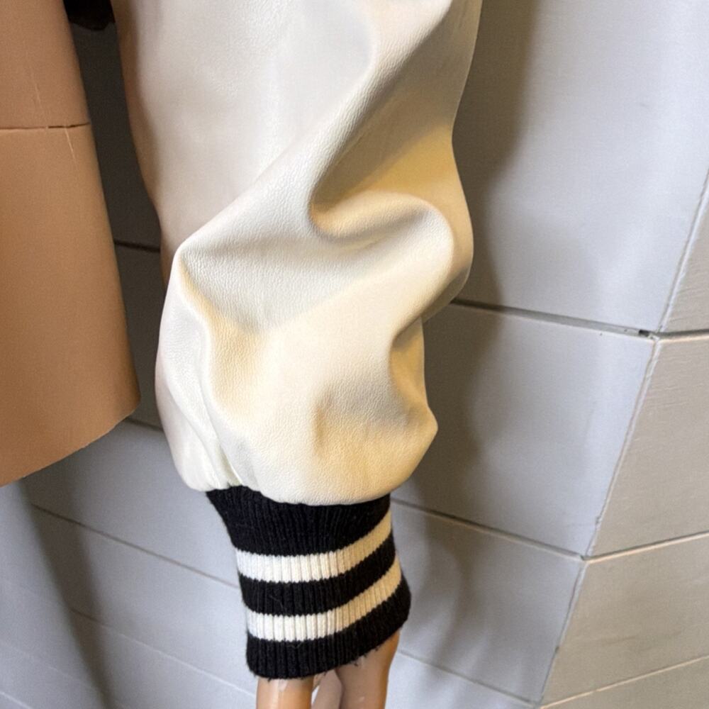 Love Tree Women's Black White Varsity Jacket Letter Striped Ribbing Snap Closure - Picture 5 of 7
